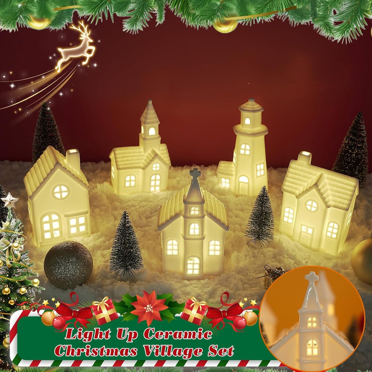 Skiennix 11 Pcs White Ceramic Christmas Village Houses - Light Up Xmas Town Decor with Timer