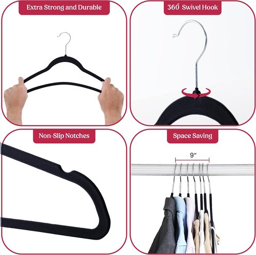 LDC Black Velvet Hangers - Premium Non-Slip Felt Clothes Hangers | 50 Pack with 360° Swivel Hook