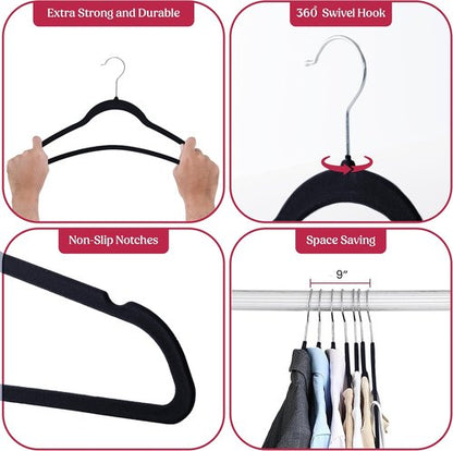 LDC Black Velvet Hangers - Premium Non-Slip Felt Clothes Hangers | 50 Pack with 360° Swivel Hook