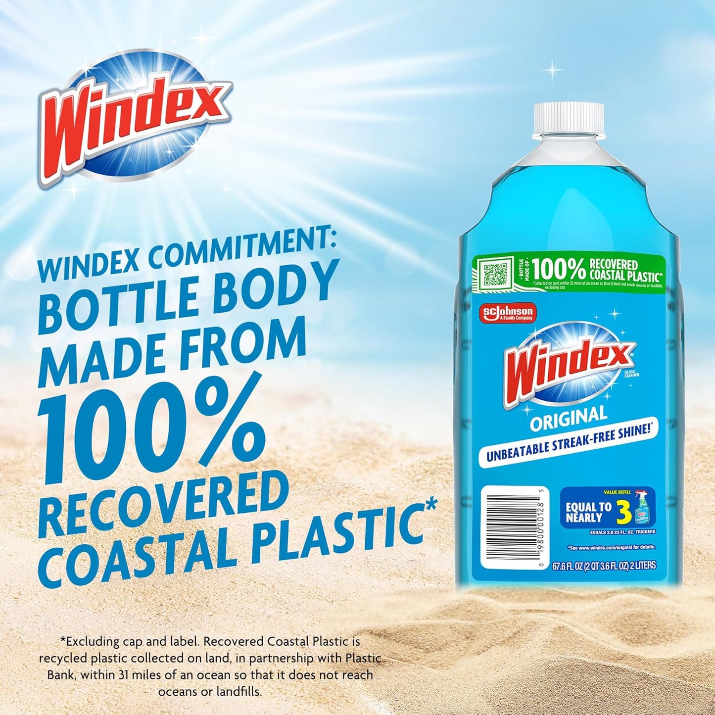 Windex Glass & Window Cleaner Refill - Eco-Friendly 100% Recycled Plastic, Original Blue Scent, 2L (Pack of 2)