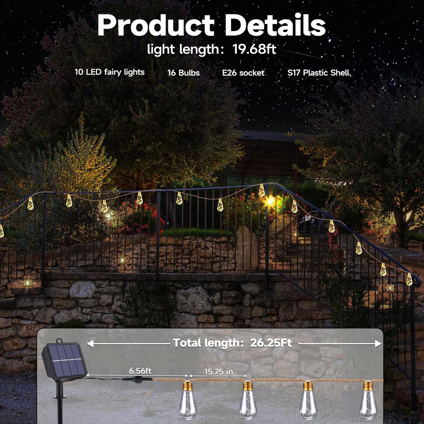 Skiennix Solar Outdoor String Lights - 20Ft Vintage Rope Design | Waterproof Warm White with 8 Modes & 16 Shatterproof Bulbs for Garden & Patio