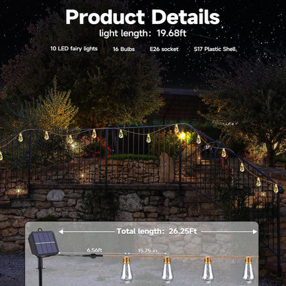 Skiennix Solar Outdoor String Lights - 20Ft Vintage Rope Design | Waterproof Warm White with 8 Modes & 16 Shatterproof Bulbs