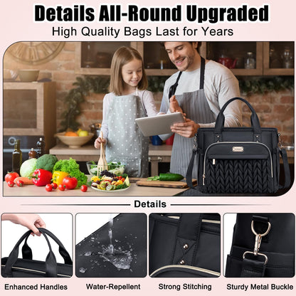 Weitars Insulated Lunch Bag - Leak-Proof Extra Large Tote with Removable Shoulder Strap & Side Pockets | Black