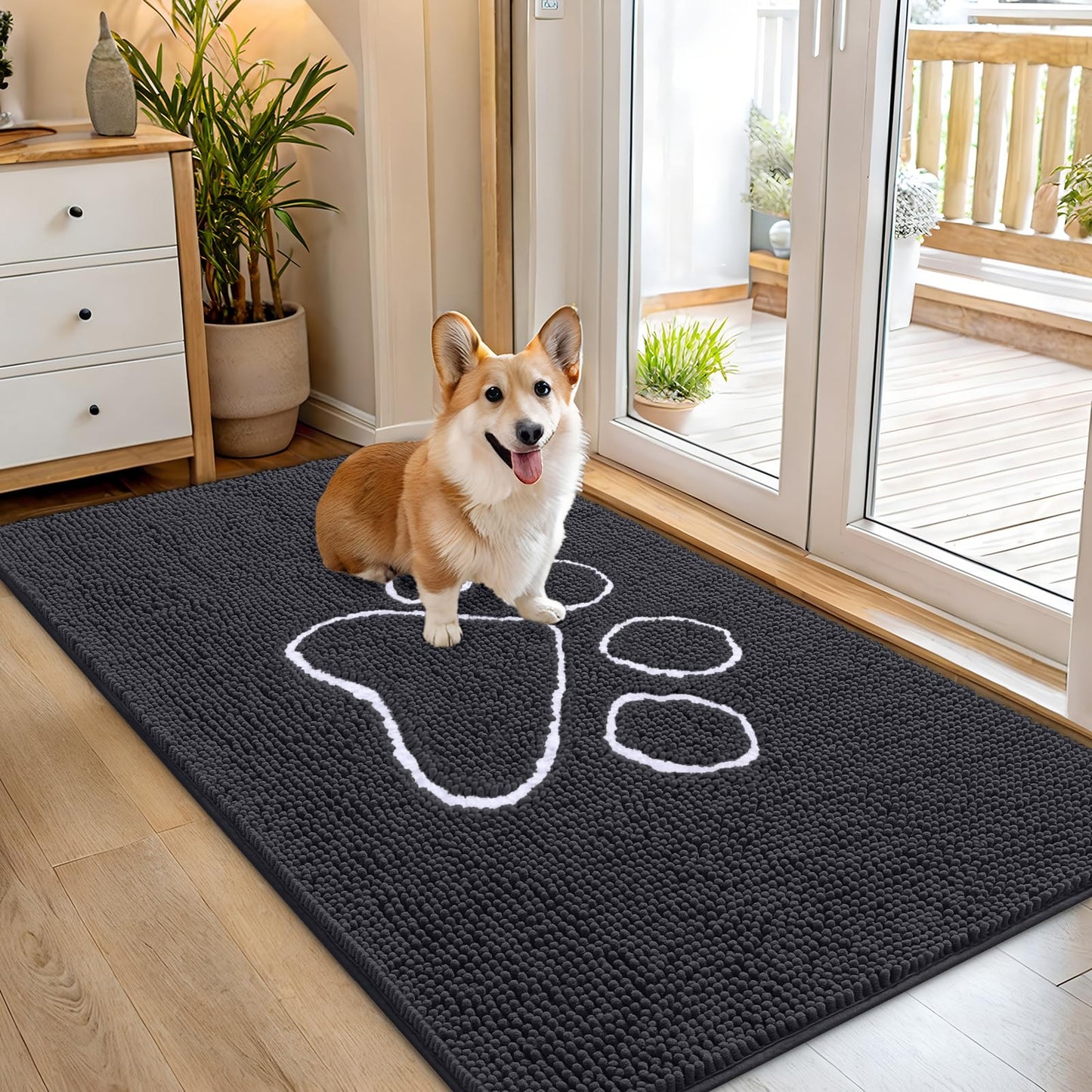 OLANLY Dog Door Mat for Muddy Paws 54x32, Paw Print Design, Absorbs Moisture and Dirt, Absorbent Non-Slip Washable Doormat, Quick Dry Chenille Mud Mat for Dogs, Entry Indoor Entryway Carpet, Dark Grey