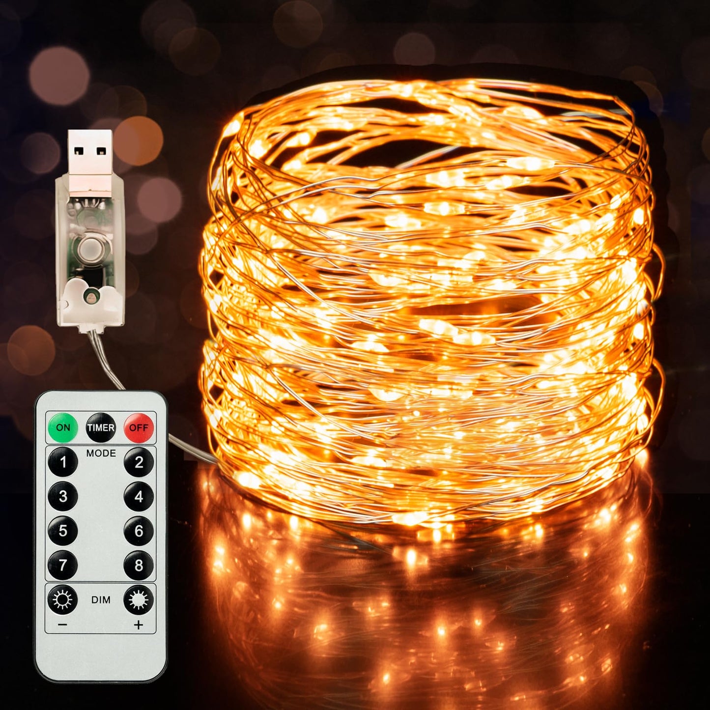 Twinkle Star Copper String Lights Fairy String Lights 8 Modes LED String Lights USB Powered with Remote Control for Christmas Tree Wedding Party Home Decoration (Warm White with Remote, 66ft)