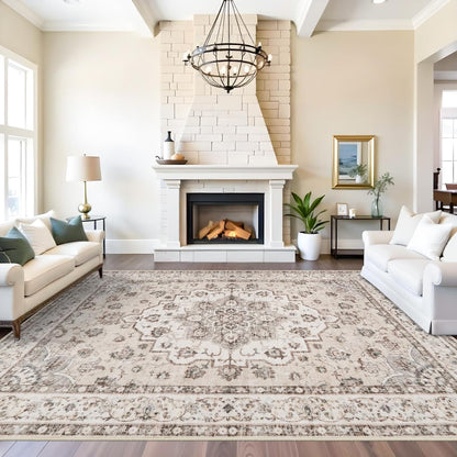 Skiennix Washable Large Area Rug - Non-Slip, Stain Resistant, Vintage Design | 9x12 Beige/Cream Soft Medallion Carpet for Living Room & Home Office