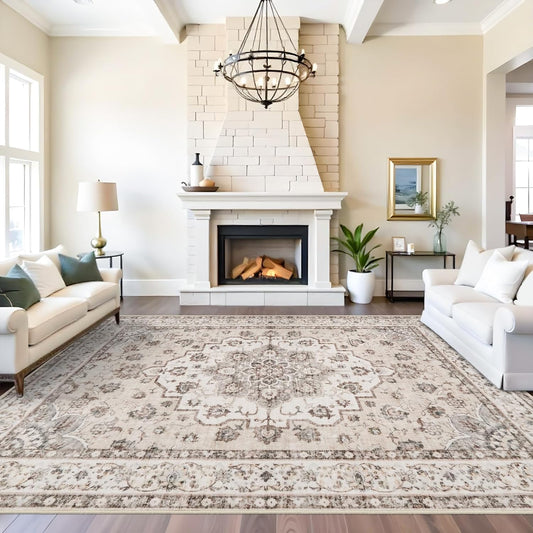 Skiennix Washable Large Area Rug - Non-Slip, Stain Resistant, Vintage Design | 9x12 Beige/Cream Soft Medallion Carpet for Living Room & Home Office