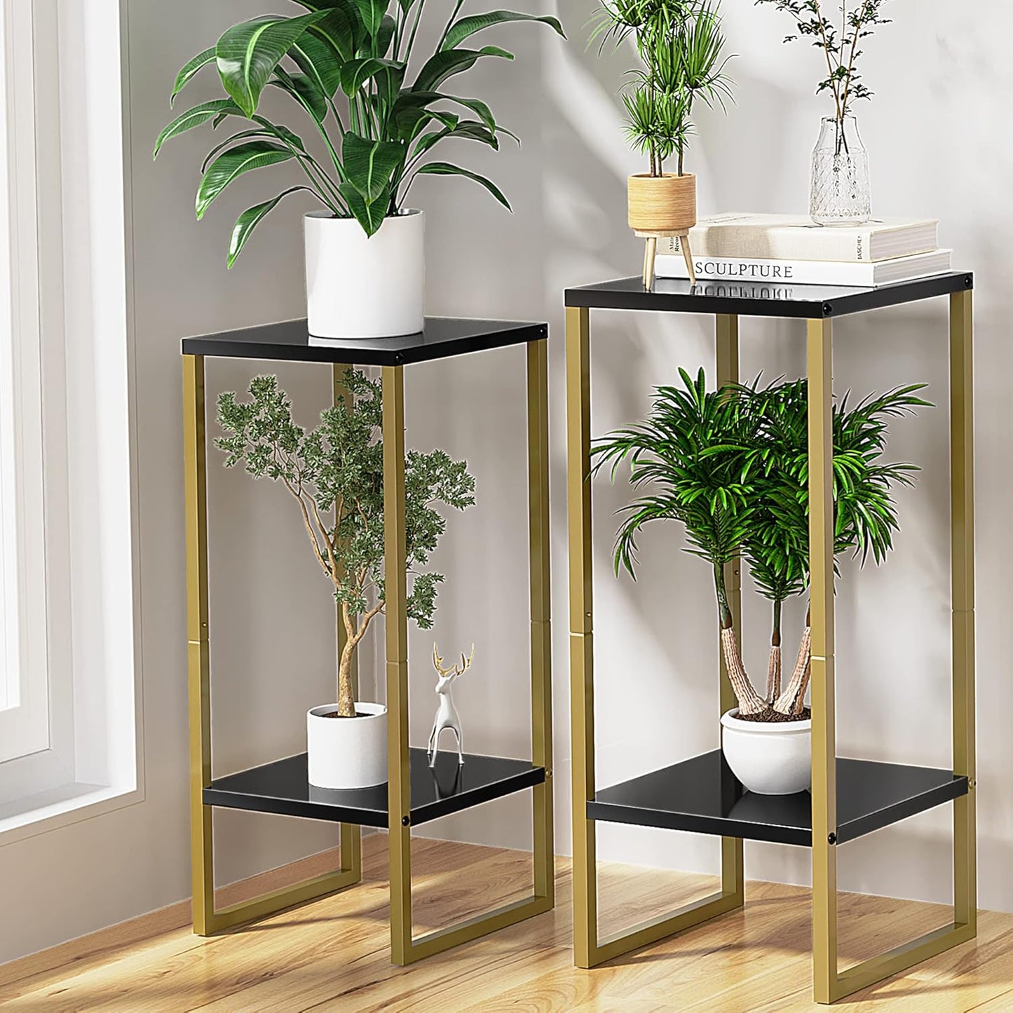 Moforoco Tall Plant Stand - Modern Metal Pedestal Planter Shelf for Indoor & Outdoor Use | Large Black Gold Design