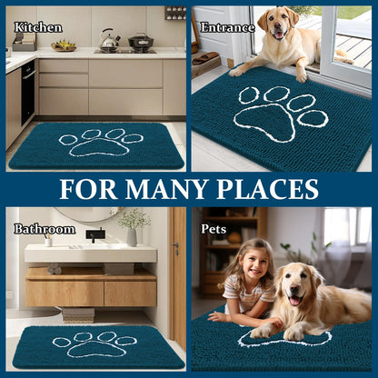 OLANLY Dog Door Mat for Muddy Paws 47x32, Paw Print Design, Absorbs Moisture and Dirt, Absorbent Non-Slip Washable Doormat, Quick Dry Chenille Mud Mat, Entry Indoor Entryway Carpet, Atlantic Blue