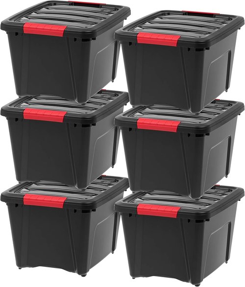 IRIS USA 19 QT Plastic Storage Box - BPA-Free, Durable Nestable Containers with Lids - Black, 6 Pack