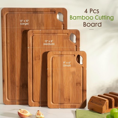 Astercook Bamboo Cutting Board Set - 4-Piece Kitchen Chopping Boards with Juice Groove & Holder