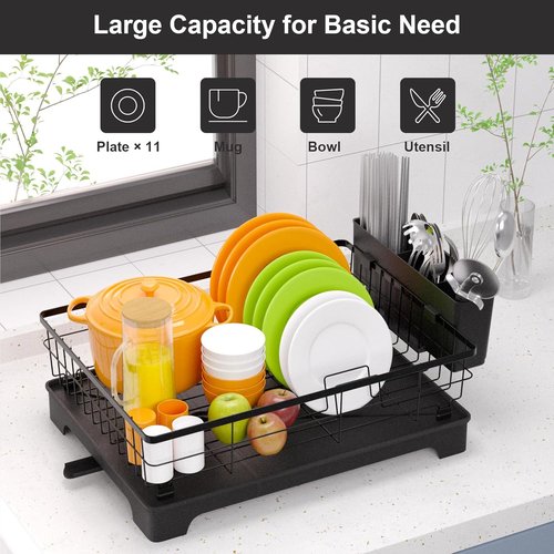 HappyHapi Drying Rack - Durable Dish Rack with Drainboard & Utensil Holder for Kitchen Organization (Black)