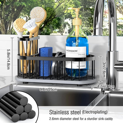Skiennix Kitchen Sink Caddy Organizer - Rustproof Stainless Steel with Stay-Dry Stone Tray | Black