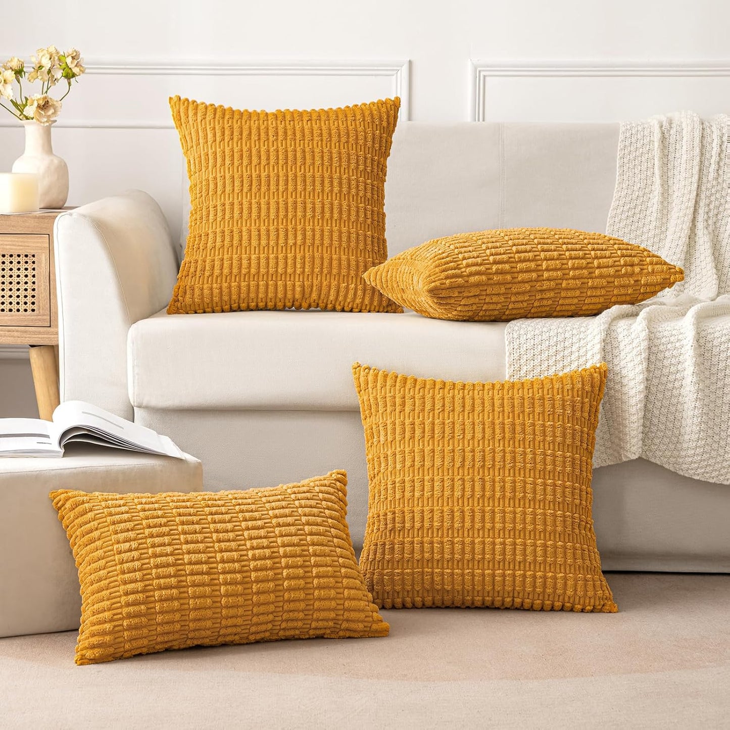 MIULEE Corduroy Decorative Throw Pillow Covers - Soft Boho Striped 18x18 Inch for Modern Farmhouse Decor | Gold Yellow