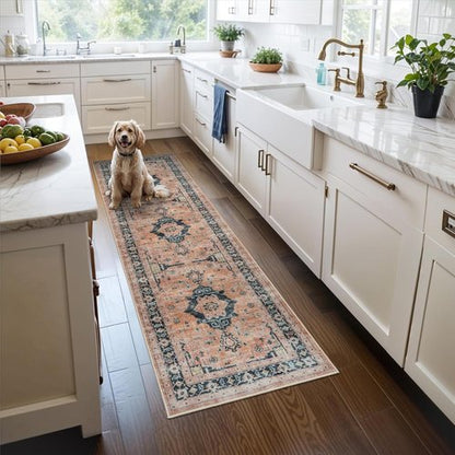 Hallway Washable Runner Rug - Vintage Soft Non-Slip 2x7 Entryway Carpet | Ideal for Kitchen & Living Room (Orange)