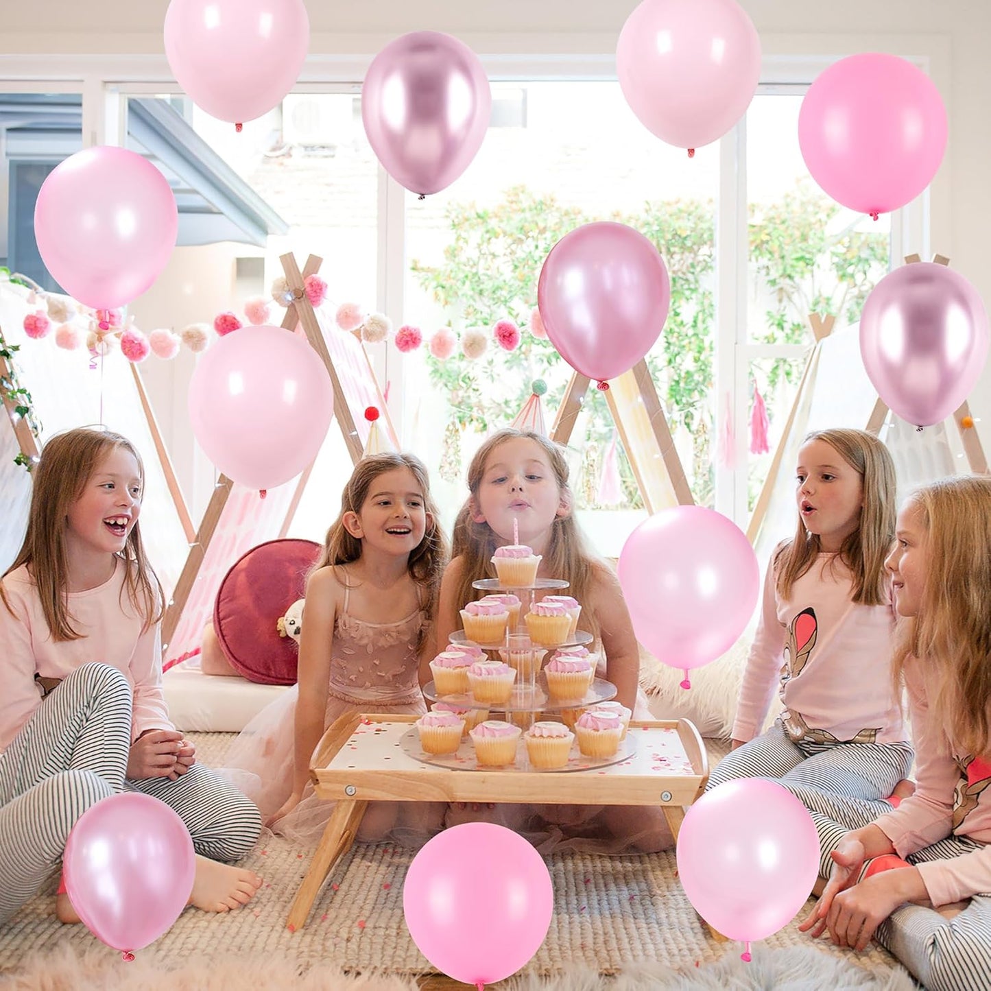 Skiennix Pink Balloons Set - 60 Pack 12 Inch Metallic Chrome & Pearl Shades for Birthday & Baby Shower Decor