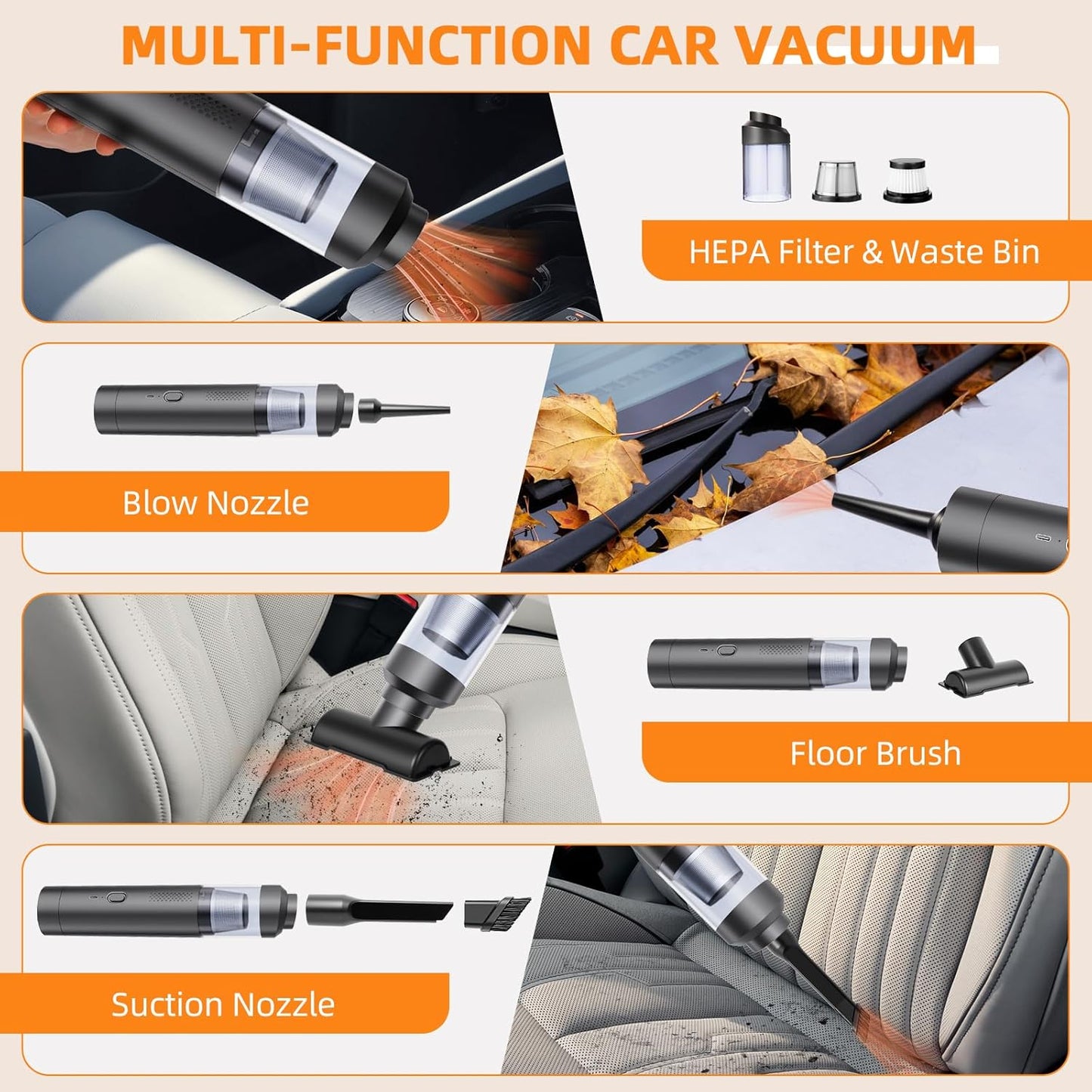 Skiennix Portable Cordless Car Vacuum - 19000Pa Powerful Suction | 4-in-1 Rechargeable Mini Cleaner