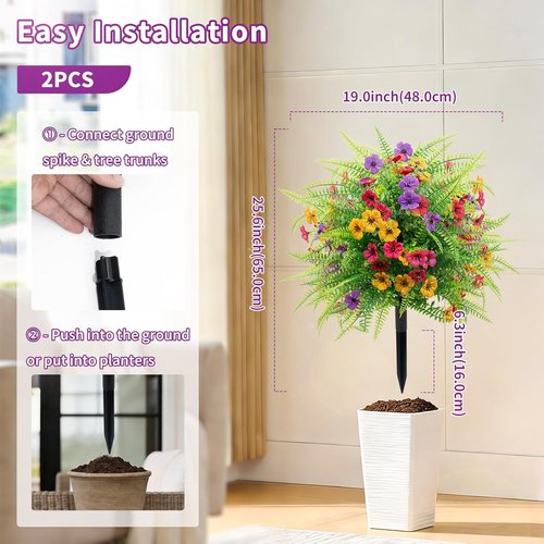 Daizy & Fern Artificial Boxwood Topiary Ball Trees - UV Resistant 23" Outdoor Shrubs with Colorful Flowers for Garden & Patio