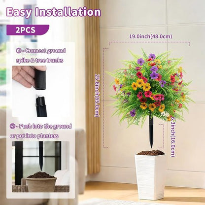 Daizy & Fern Artificial Boxwood Topiary Ball Trees - UV Resistant 23" Outdoor Shrubs with Colorful Flowers for Garden & Patio