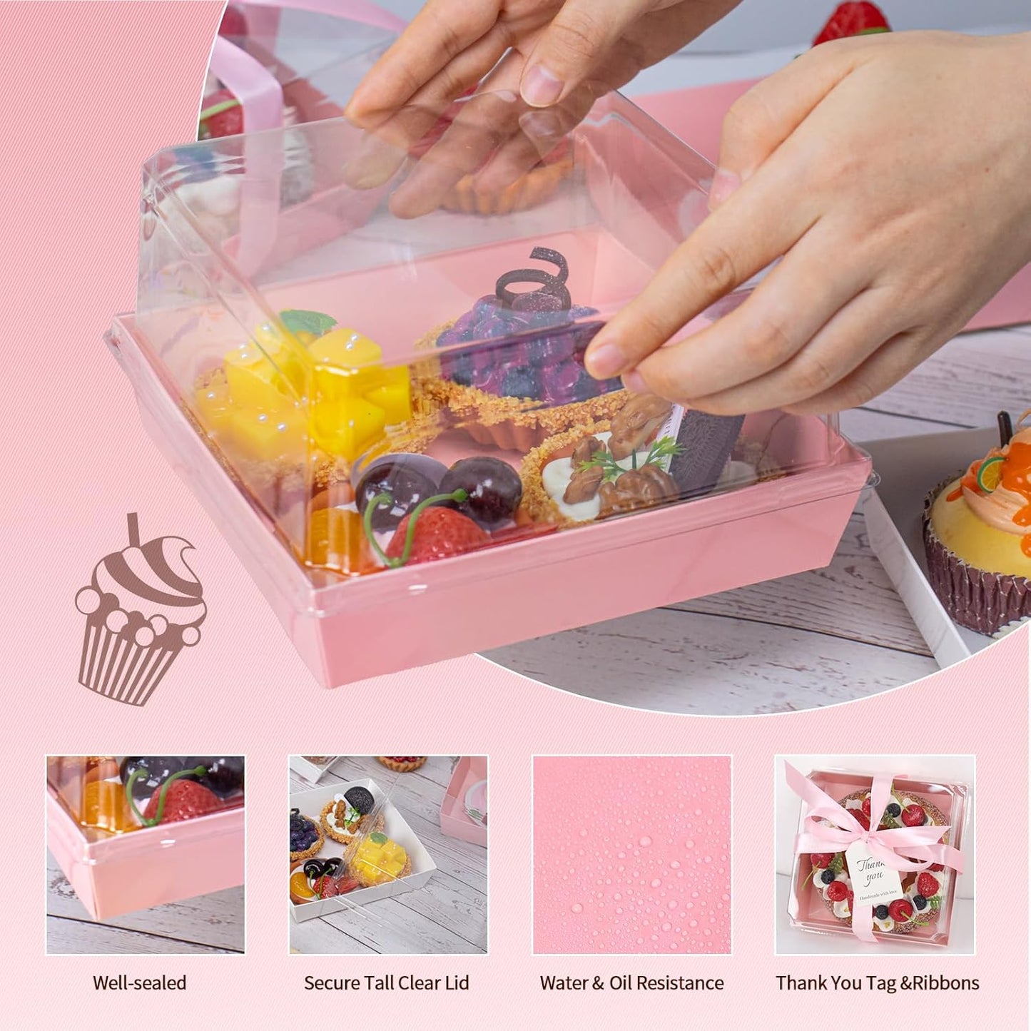 Regine Switzerland Paper Cake Boxes - 50 Pack Pink Clear Lid Containers for 4-6 Inch Desserts | Perfect for Valentine's Day