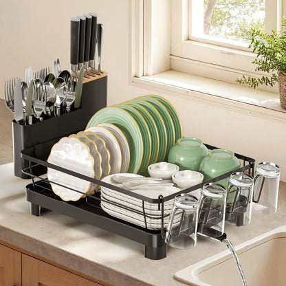 Runnatal Stainless Steel Dish Drying Rack - Large Capacity with Detachable Utensil Holder | Black