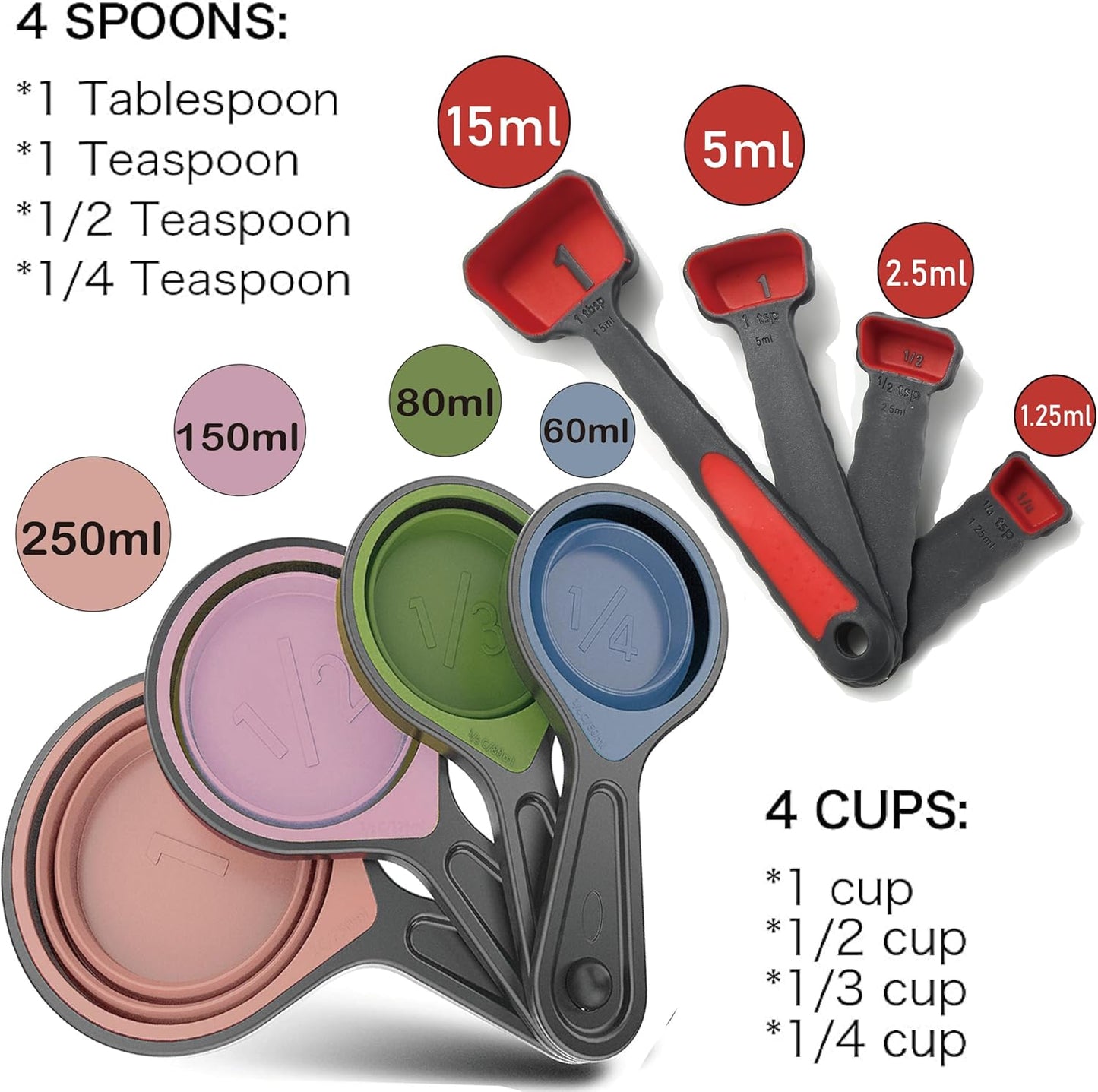 Skiennix Collapsible Silicone Measuring Cups & Spoons - 8-Piece Set for Baking & Travel | Pink