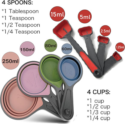 Skiennix Collapsible Silicone Measuring Cups & Spoons - 8-Piece Set for Baking & Travel | Pink