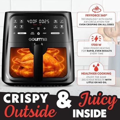 Gourmia 8 Qt Air Fryer - Digital Display with 8 Presets & Easy View Window | Dishwasher Safe, Black