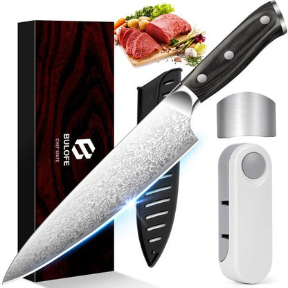 BULOFE 8 Inch Chef Knife, Kitchen Knife with Sharpener and Finger Guard, Professional Steel Sharp Chef's Knife Set with Ergonomic Handle, Gifts for Mom/Dad, Black