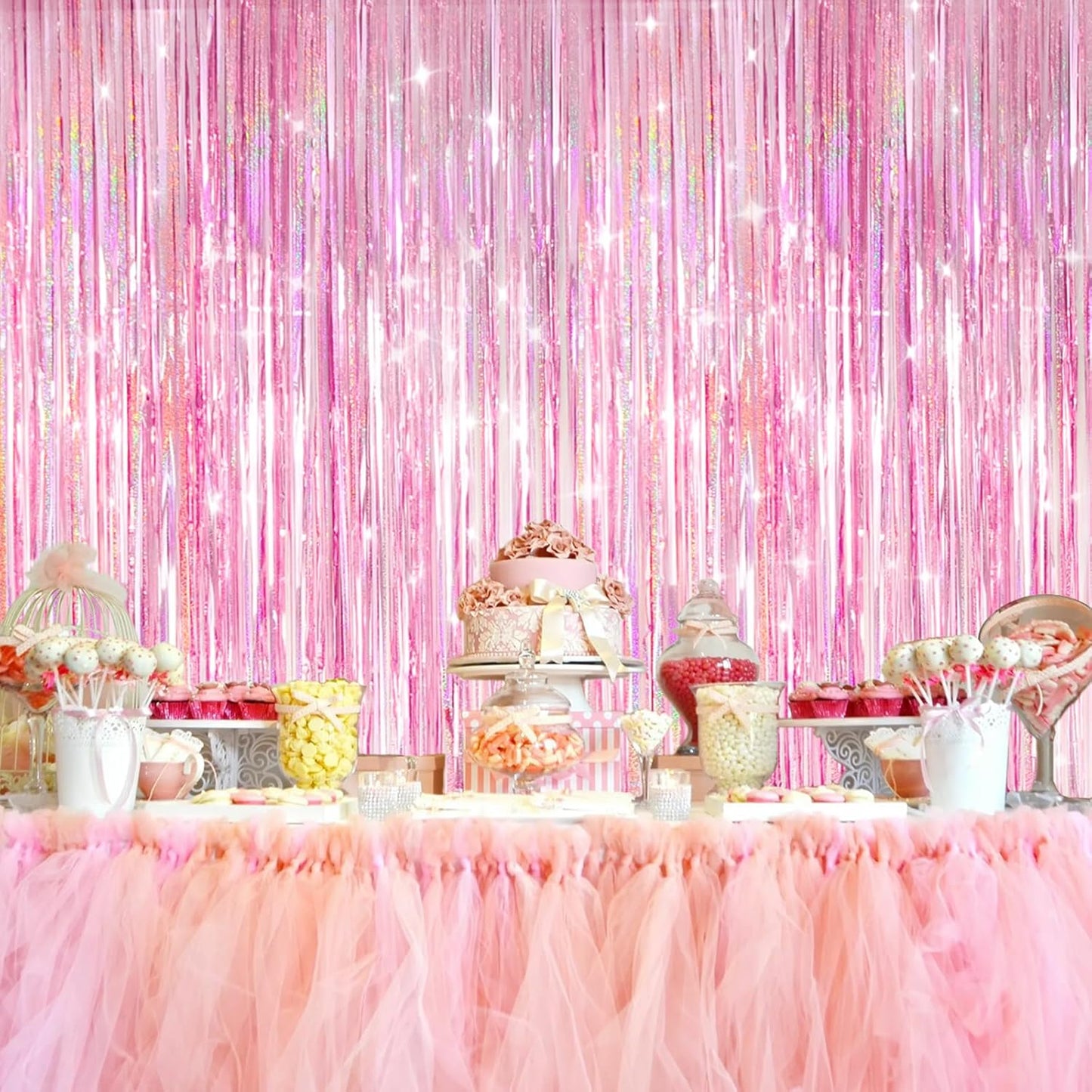 Skiennix Shiny Pink Tinsel Foil Fringe Curtains - 2 Pack Party Backdrop for Birthdays & Showers