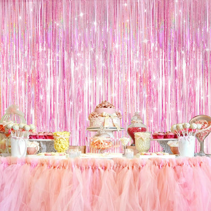 Skiennix Shiny Pink Tinsel Foil Fringe Curtains - 2 Pack Party Backdrop for Birthdays & Showers