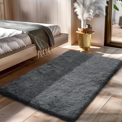 Fluffy Rug Shaggy Area Rug, Grey 2x4 Area Rugs for Bedroom, Small Bedside Rug, Soft Fluffy Shaggy Entryway Throw Rugs for Living Room Bedroom Kids Room Home Decor