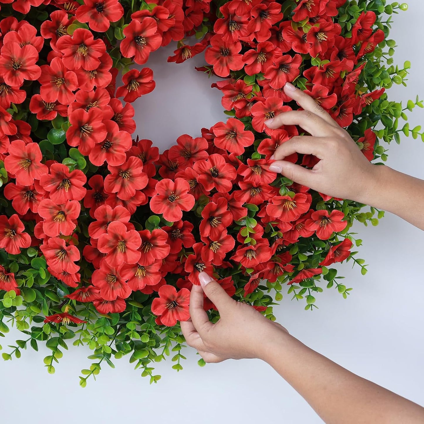 Skiennix 26" Large Artificial Eucalyptus Wreath - Realistic Faux Silk Morning Glory Flowers for Home & Wedding Decor (Red)