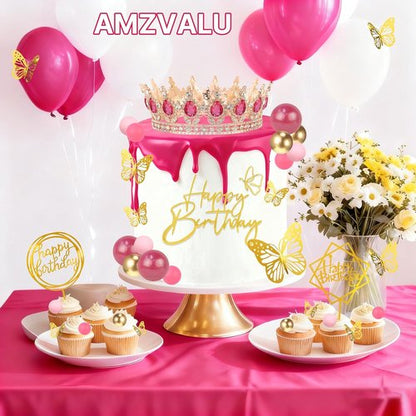 AMZVALU Crown Cake Topper Set - 3 Happy Birthday Decorations with Ball Candles & Butterflies | Rose Gold & Pink