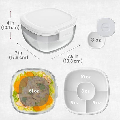 Bentgo Glass Salad Container - 7.6-Cup Leak-Proof Bowl with Airtight Lid & 4-Compartment Tray | BPA-Free, Reusable Fork (White)