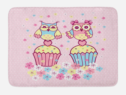 Ambesonne Owls Bath Mat, 2 Owl Couples on Cupcakes Springtime Happiness Romantic Art, Plush Bathroom Decor Mat with Non Slip Backing, 30.2" x 20", Pale Pink Sky Blue