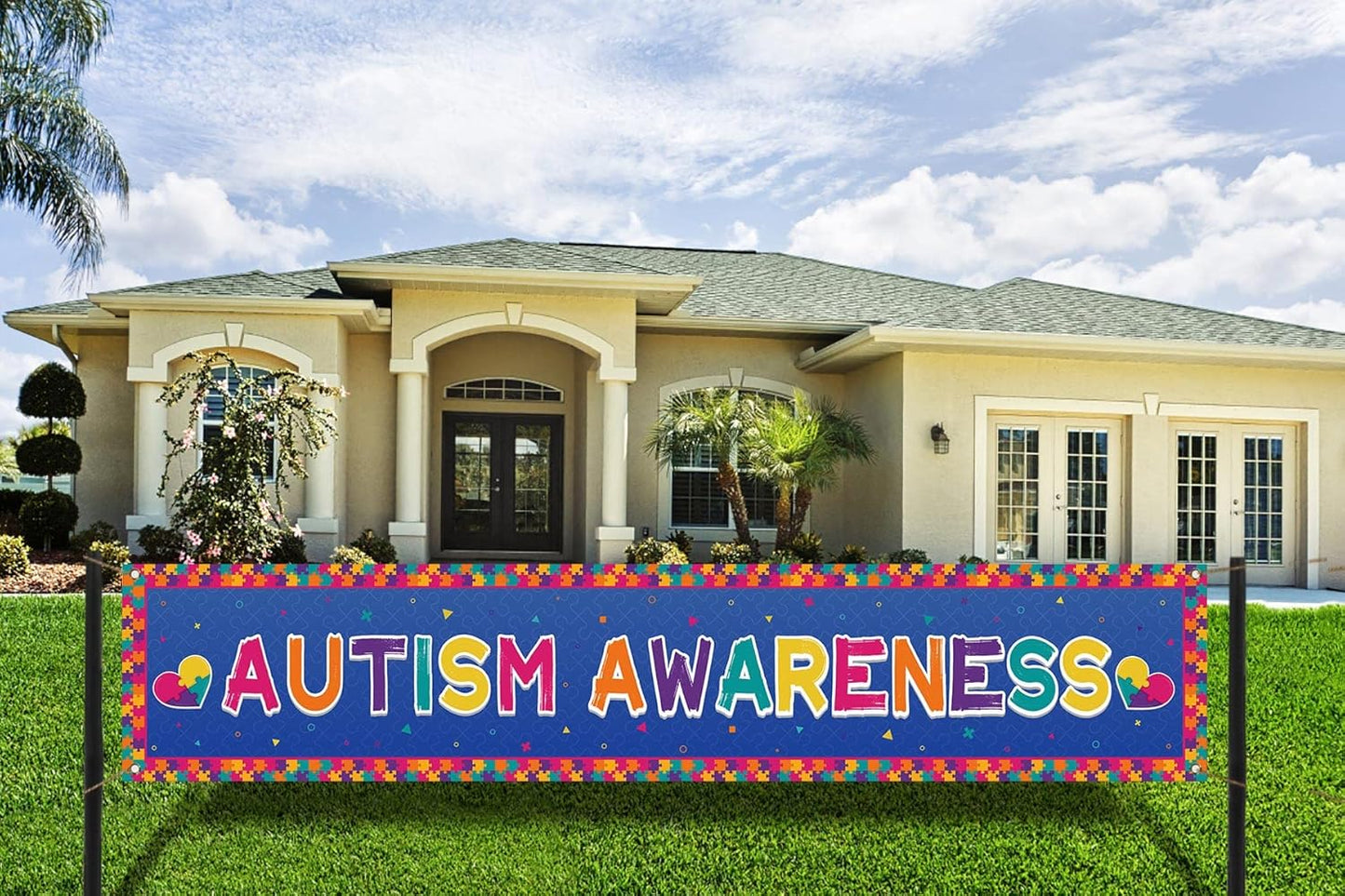 Nepnuser Autism Awareness Fence Banner - Love Needs No Words | Large 1.6 x 8.2 ft Outdoor Sign