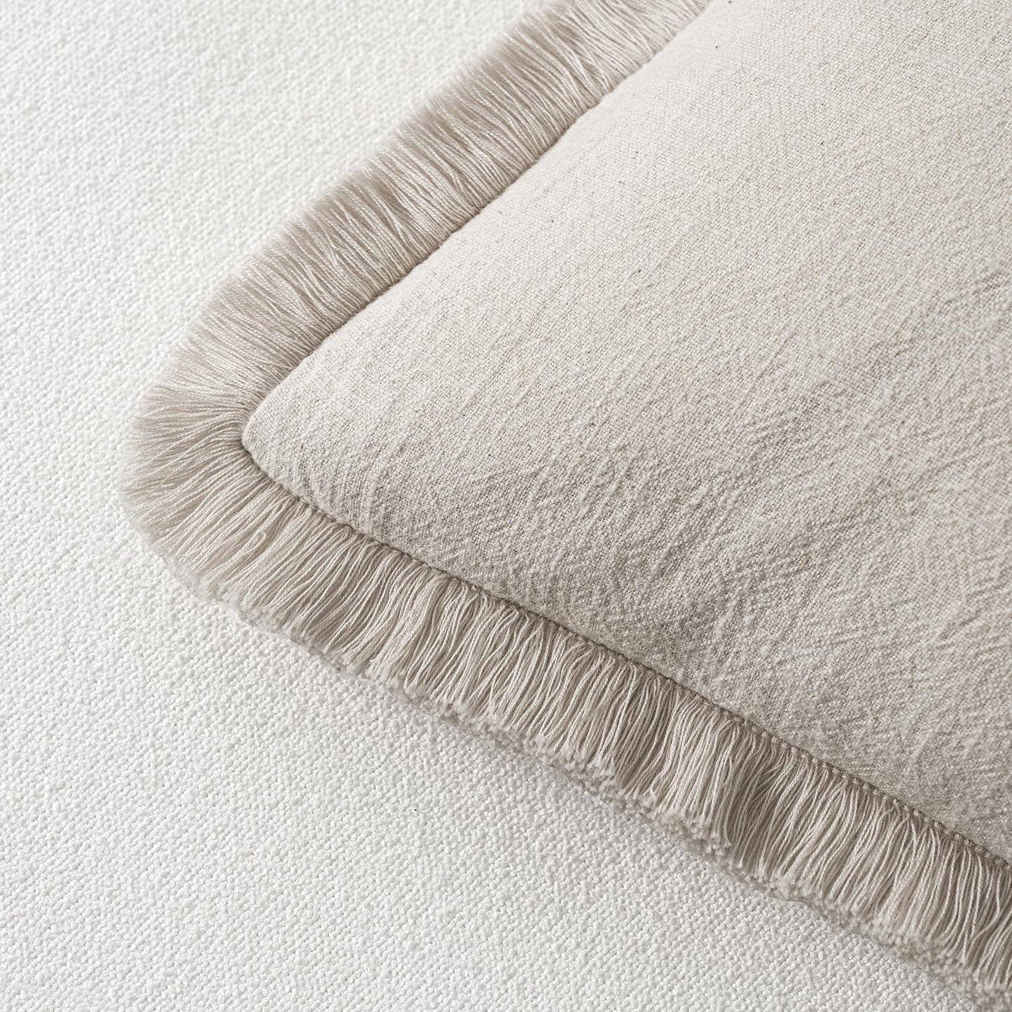 MIULEE Decorative Throw Pillow Covers - Set of 2 Neutral Beige Linen Fringe Cushions | 20x20 Inch Boho Farmhouse Decor