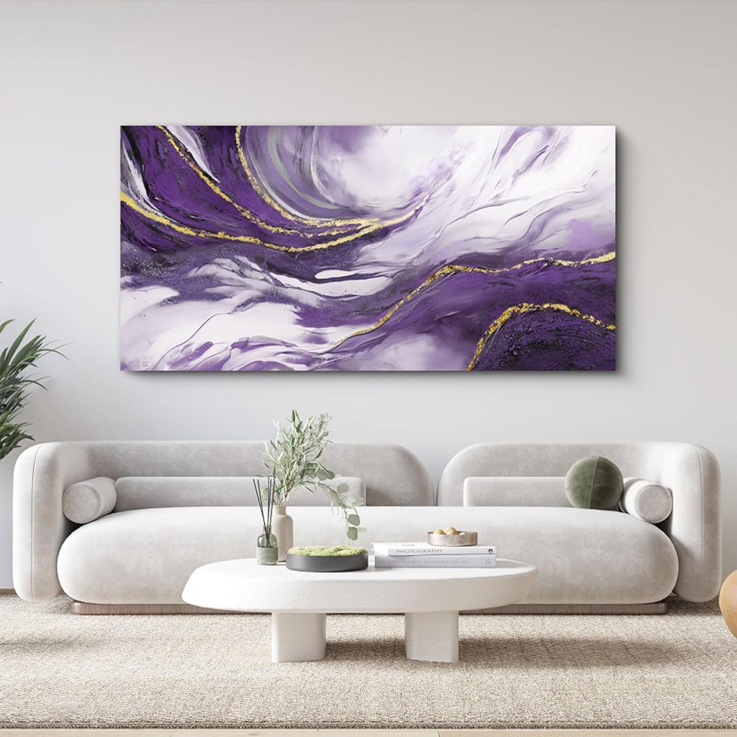 Yiijeah Large Canvas Wall Art - Purple and Gold Abstract Design for Living Room | Modern Framed Decor