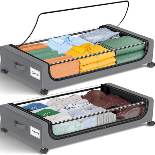 GoMaihe Under Bed Storage - 48L Rolling Containers with Lids for Shoes & Clothes | Grey 2-Pack