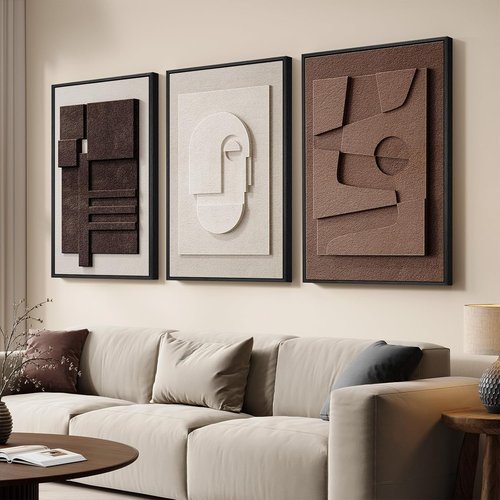 3D Textured Framed Wall Art - Neutral Abstract Artwork by [Brand Name] | 3-Piece Modern Geometric Paintings for Bedroom & Living Room, 16x24 In