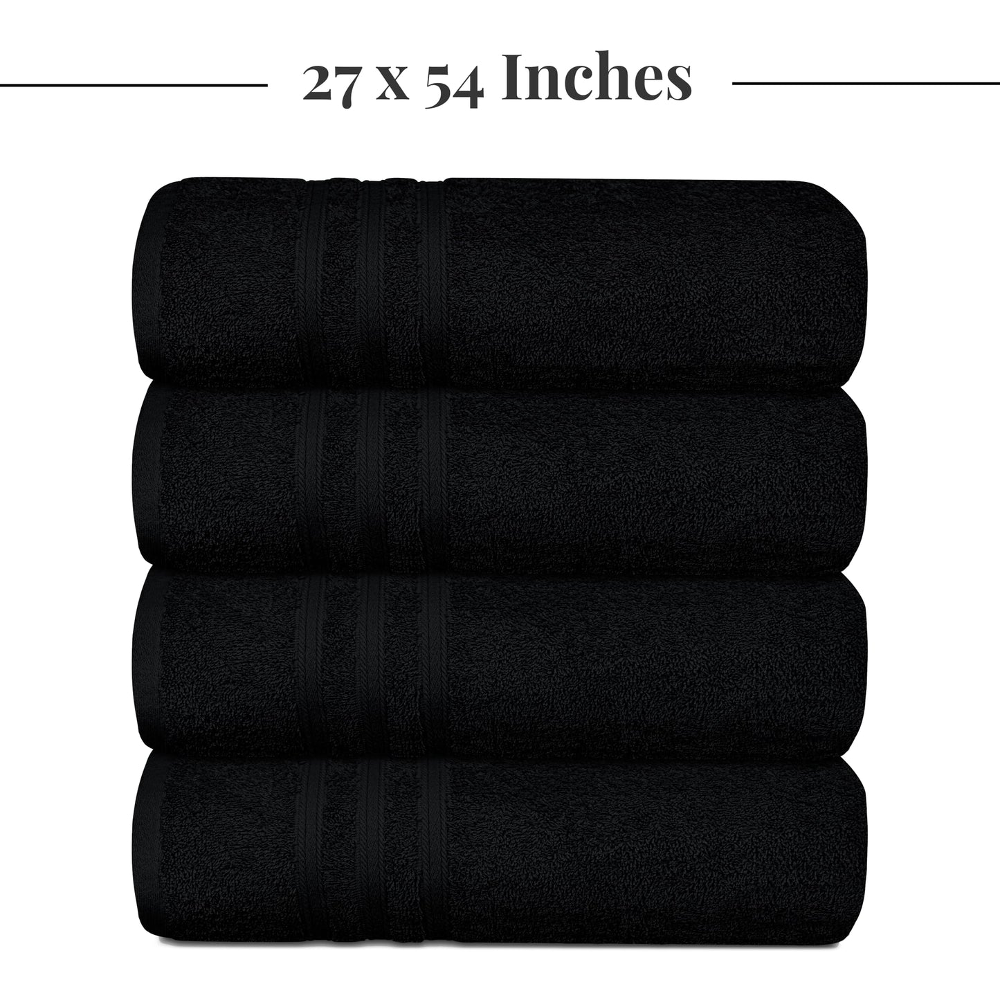 Tens Towels Pack of 4 Soft Bath Towels, 100% Cotton, 27 x 54 Inches, Lightweight & Quick-Dry, Ideal for Daily Bathroom Use, Practical & Comfortable, Black