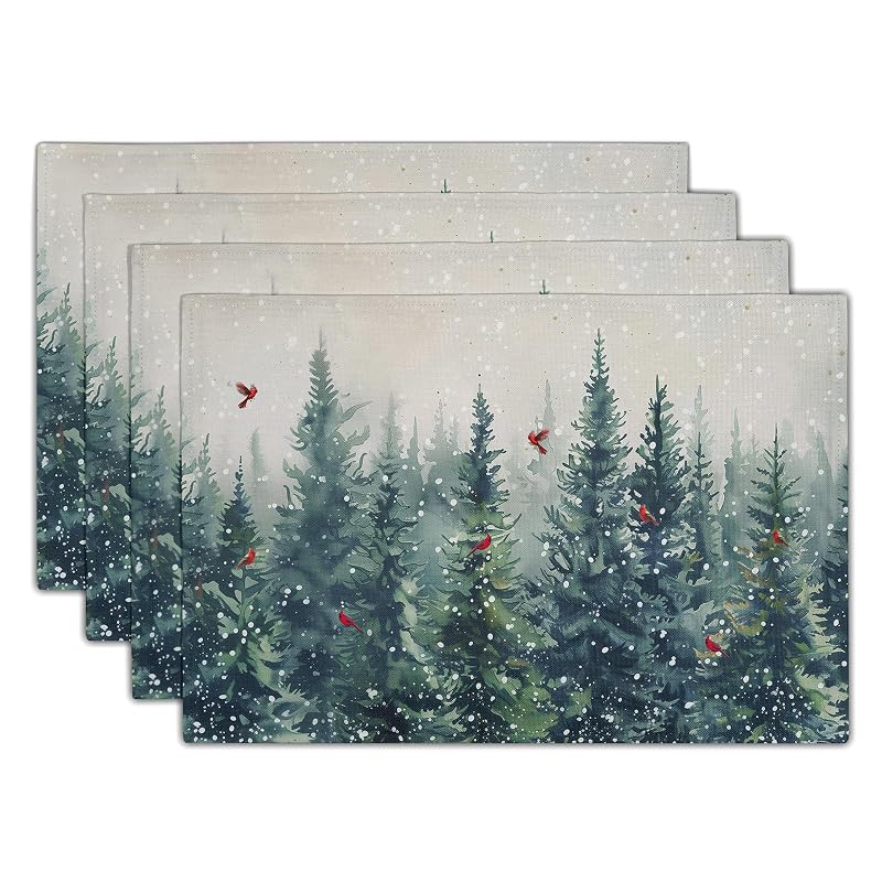 Winter Tree Placemats Set of 4 - 12x18 In Linen Christmas Forest with Red Birds