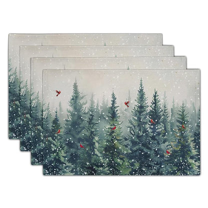 Winter Tree Placemats Set of 4 - 12x18 In Linen Christmas Forest with Red Birds
