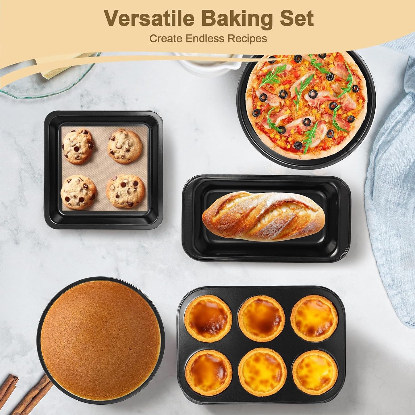 Skiennix 5-Piece Toaster Oven Baking Pan Set - Compact Nonstick Bakeware for RVs & Small Kitchens | Muffin, Loaf, Pizza, Cake & Square Pans
