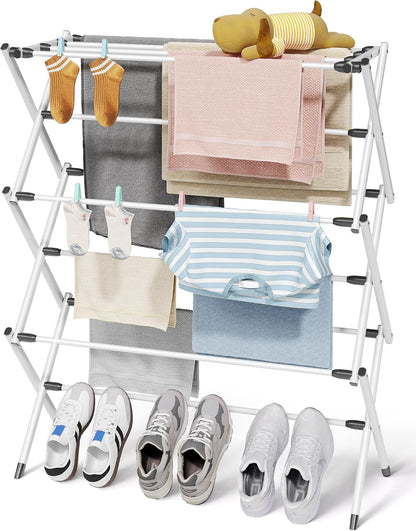Sakugi Foldable Clothes Drying Rack - Space-Saving 3-Tier Metal Laundry Rack for Indoor & Outdoor Use | 11.4"D x 29.1"W x 37.4"H, White and Black