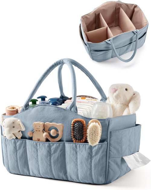 Marscamd Baby Diaper Caddy - Quilted Organizer with Detachable Dividers & Wipes Pocket | Dusty Blue, 8 Pockets