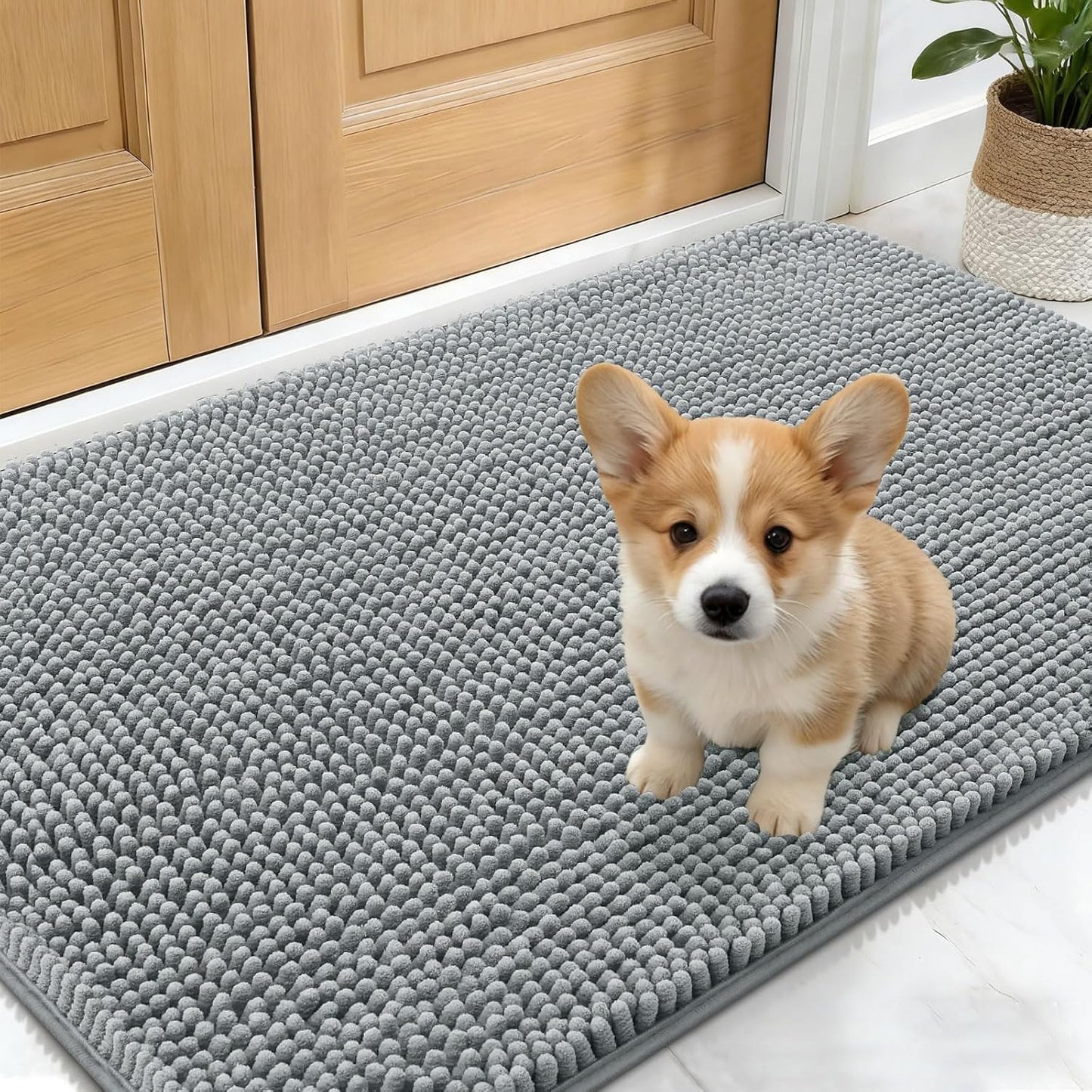 OLANLY Dog Door Mat - Absorbent Non-Slip Chenille Mat for Muddy Paws | 24x16 Inches, Quick Dry, Grey