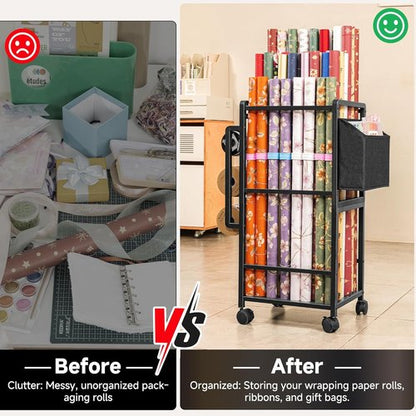 Aquzee Gift Wrapping Paper Organizer - Vertical Storage Cart with 9 Adjustable Rods & Ribbon Holders - Black
