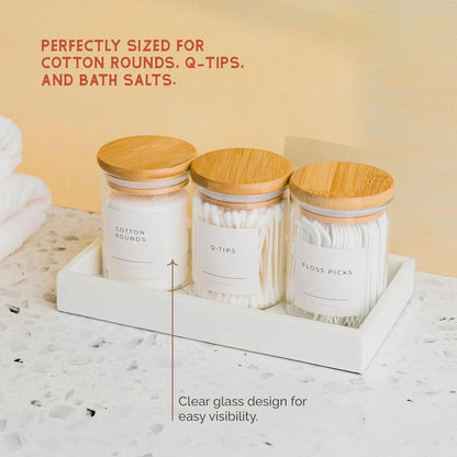 Vase And Vessel Mini Glass Apothecary Jars - Bamboo Lids, 10 oz, Set of 3 for Bathroom & Kitchen Storage
